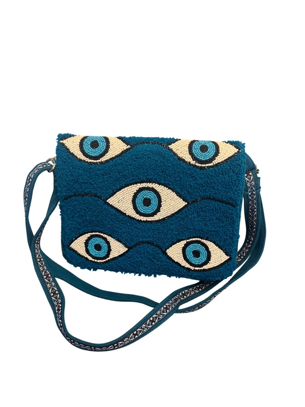America & Beyond Beaded Evil Eye Crossbody Bag Teal Blue Boho
